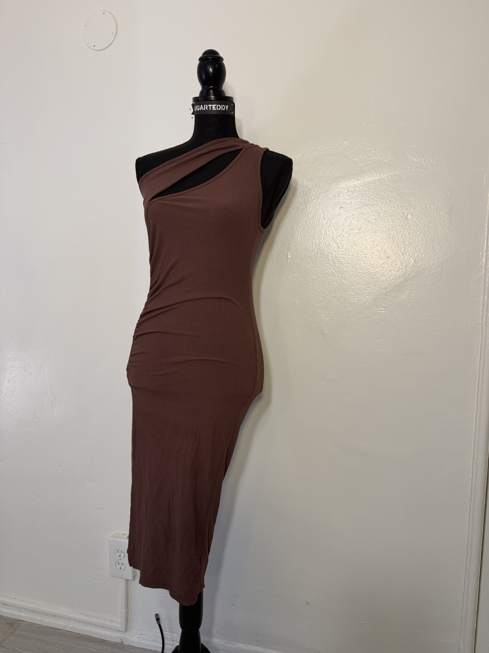 Cider Bundle 3/$20 One-Shoulder Cutout Side Slit Midi Dress in Brown